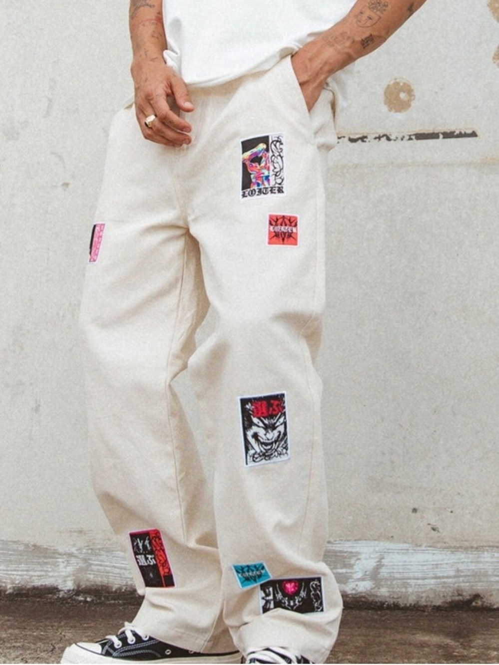 Loiter 28 Patchwork Double Knee Cream Mid Rise Stretch Streetwear Pants